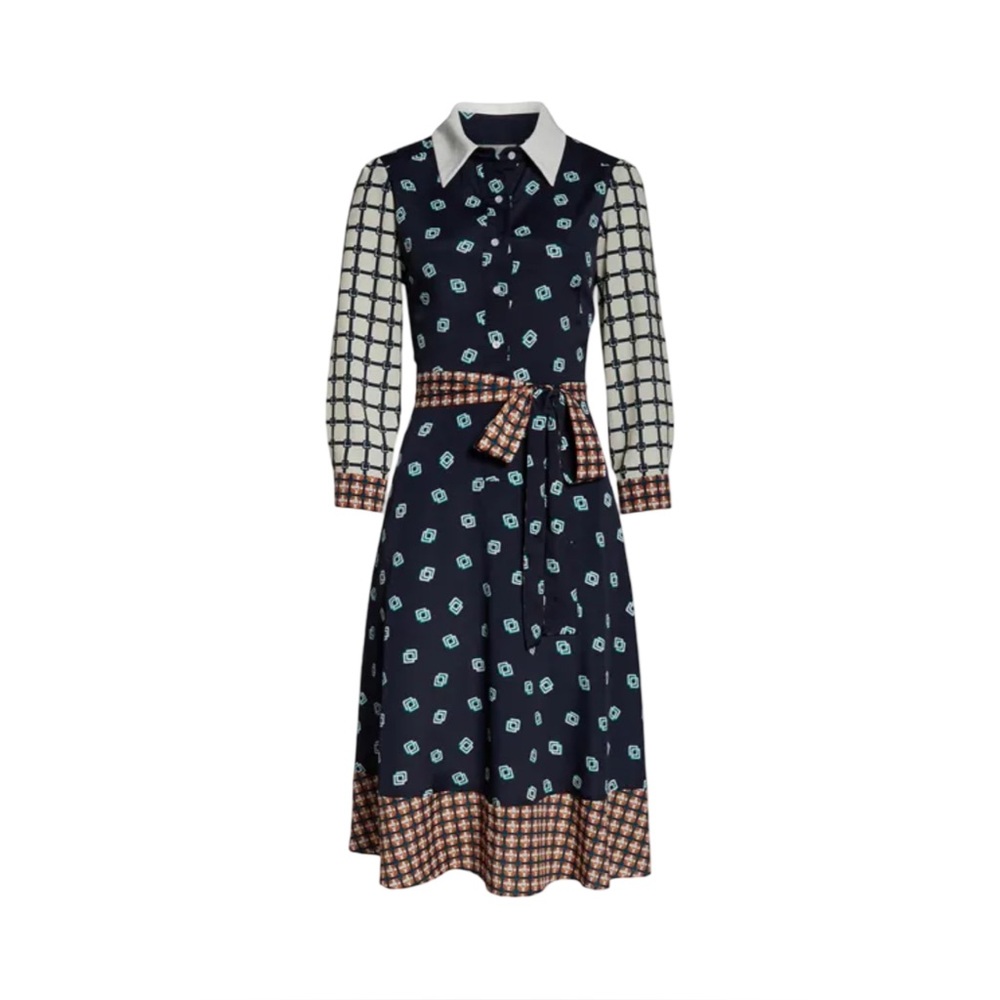 Eliza J Geo‎ Print Belted Midi Shirtdress 6P Navy NWT